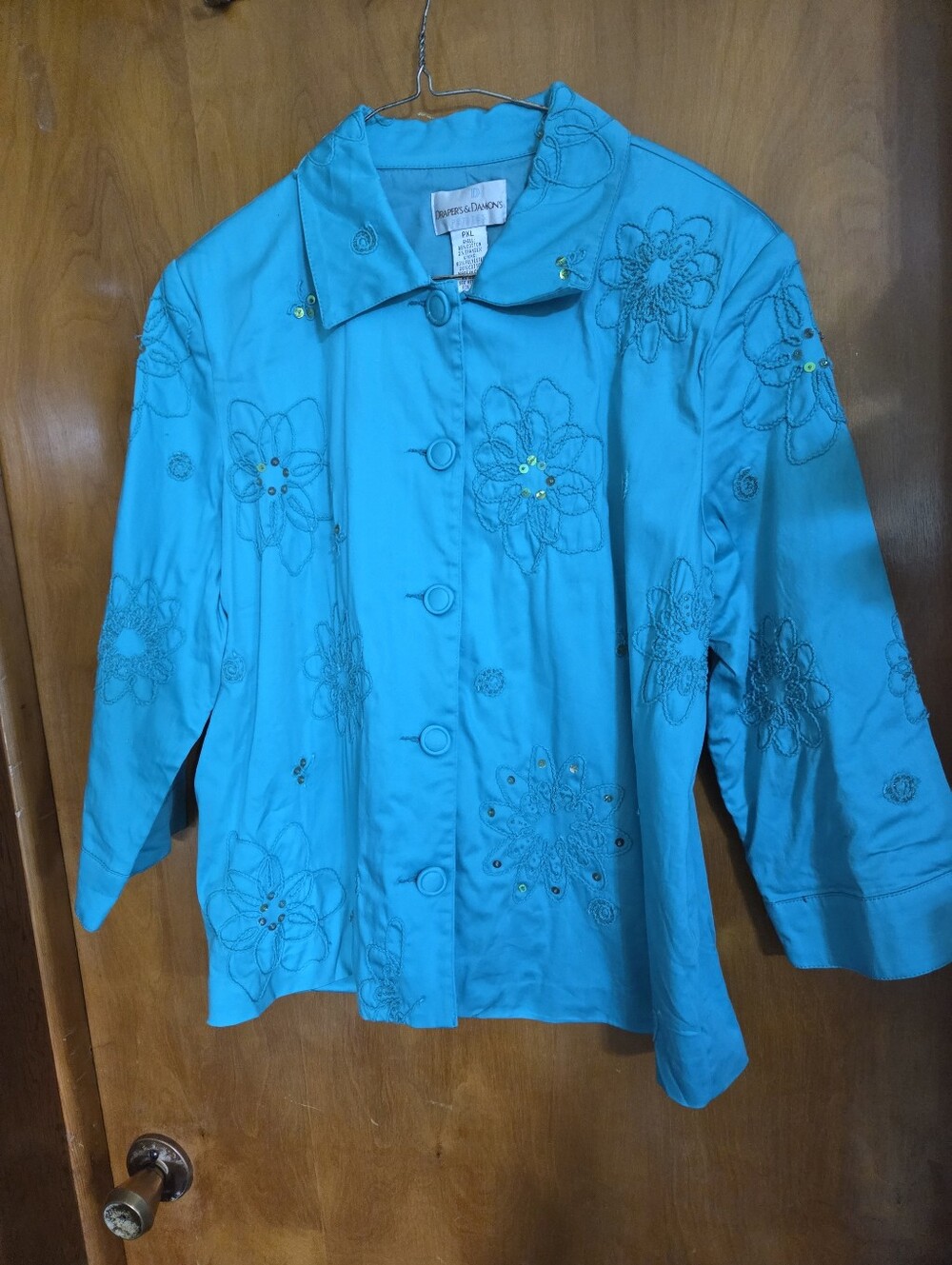Drapers & Damons PXL Teal Top W/ Rope Embroidery, Sequence. Beads.